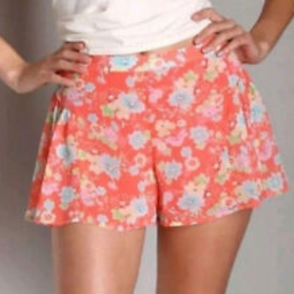 FREE PEOPLE Floral Flounce Coral‎ SHORTS Sz 6 Flowy Ruffle Boho Festival Flowers